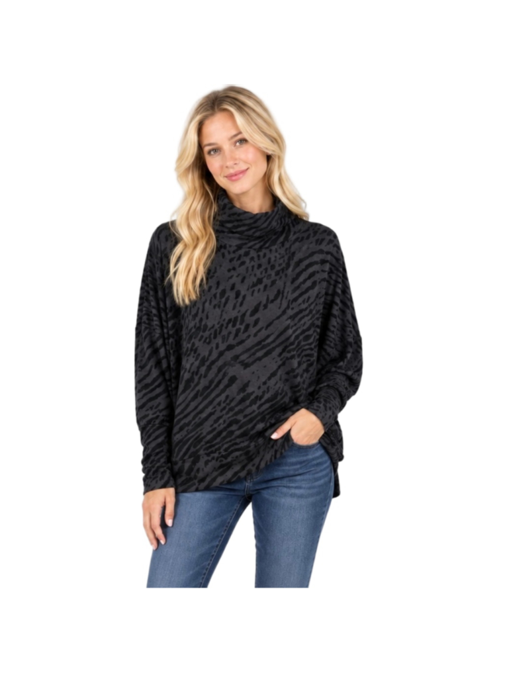 Majestic Filatures French Touch Velvet Burnout Zebra Tunic Top Size L Sz 4 Black